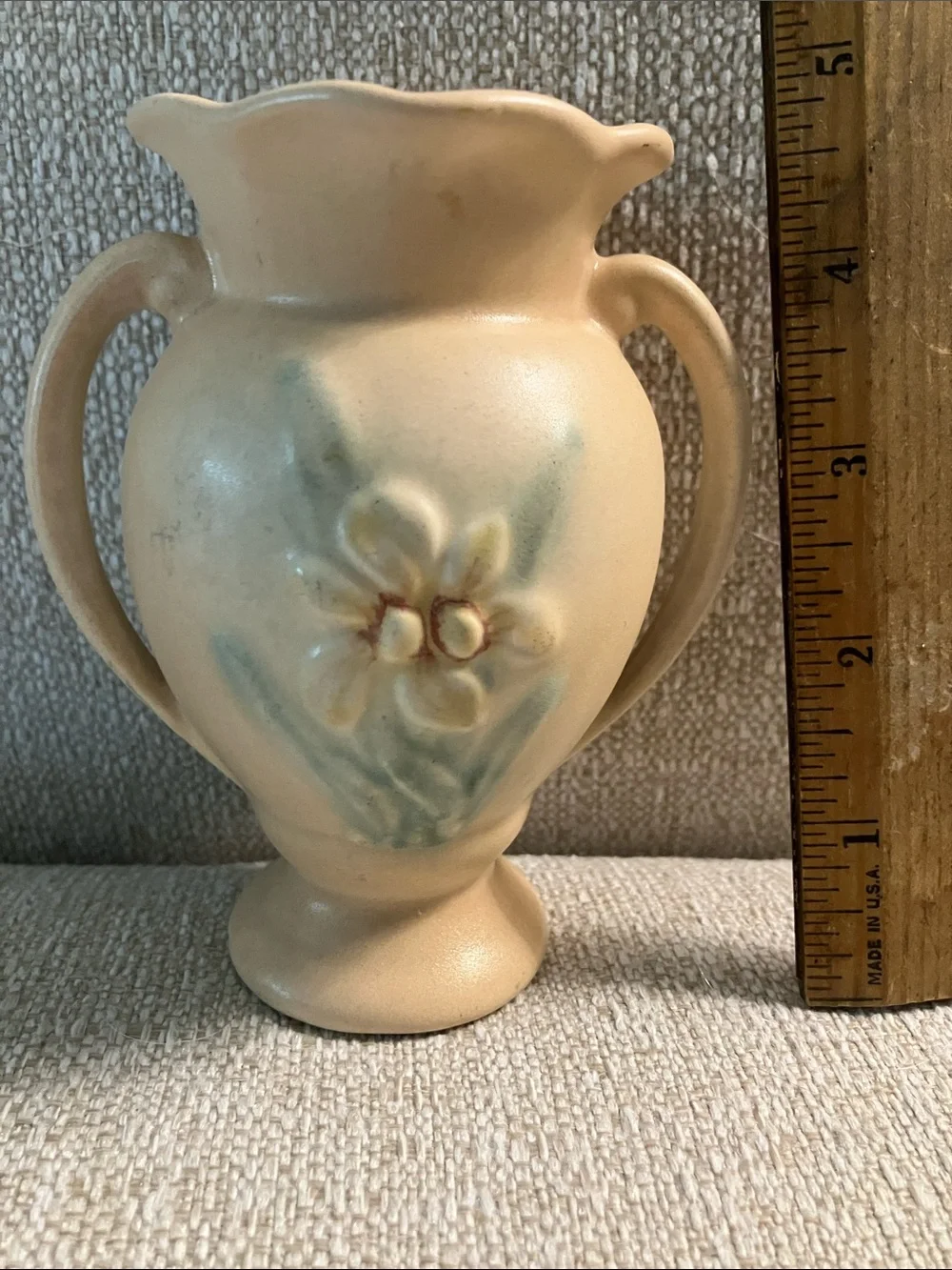 Hull Vintage tiny Cream Ceramic Double-Handled Vase with Soft Floral Motif